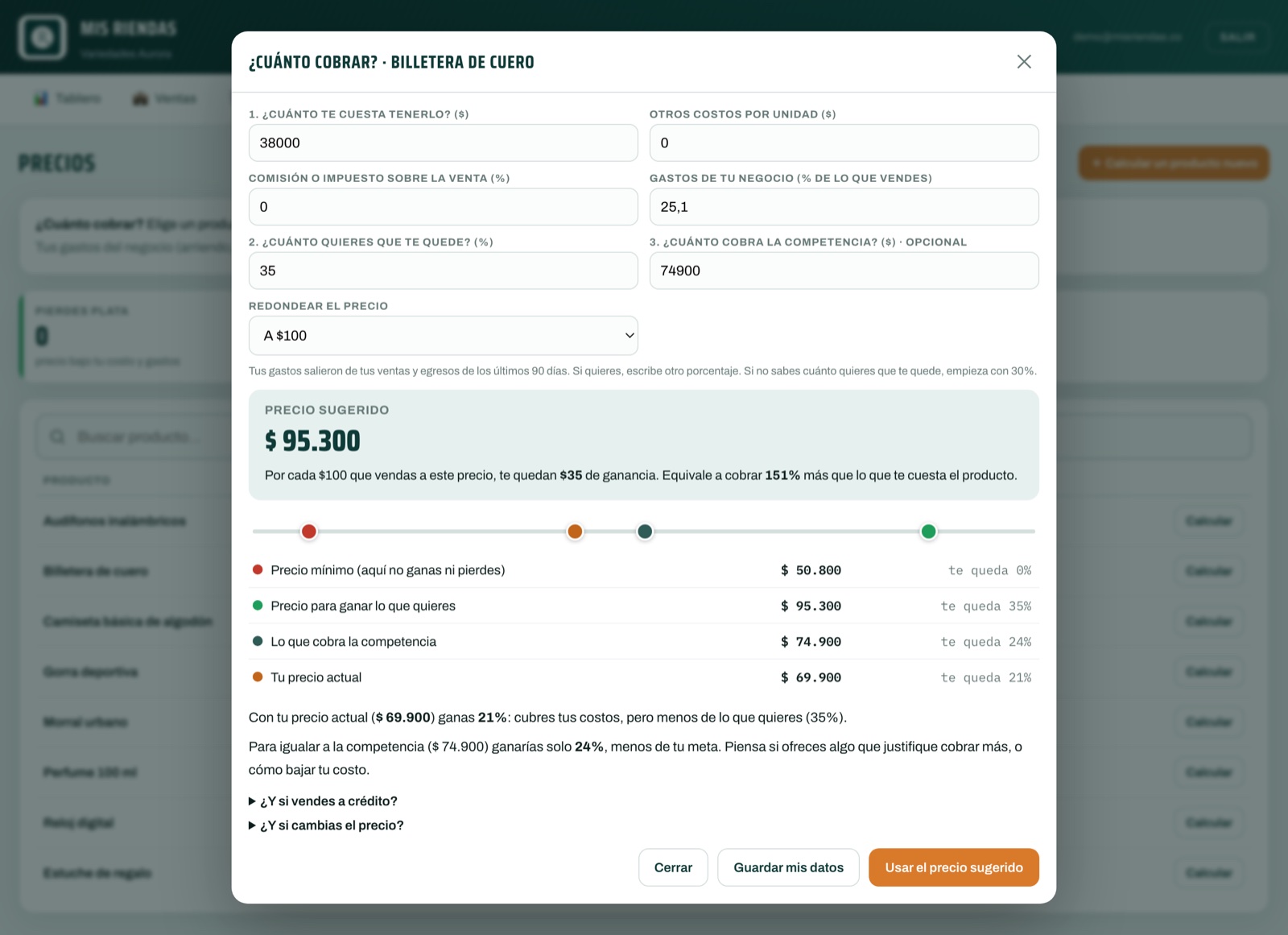 Calculadora de precios con precio mínimo y sugerido