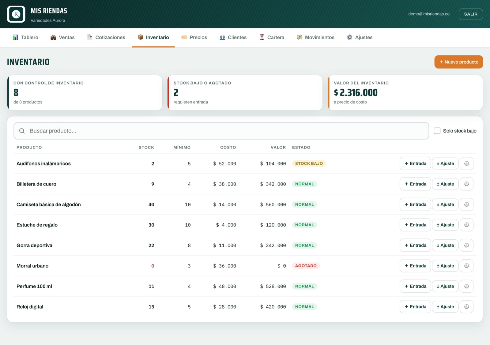 Inventario con alertas de stock bajo